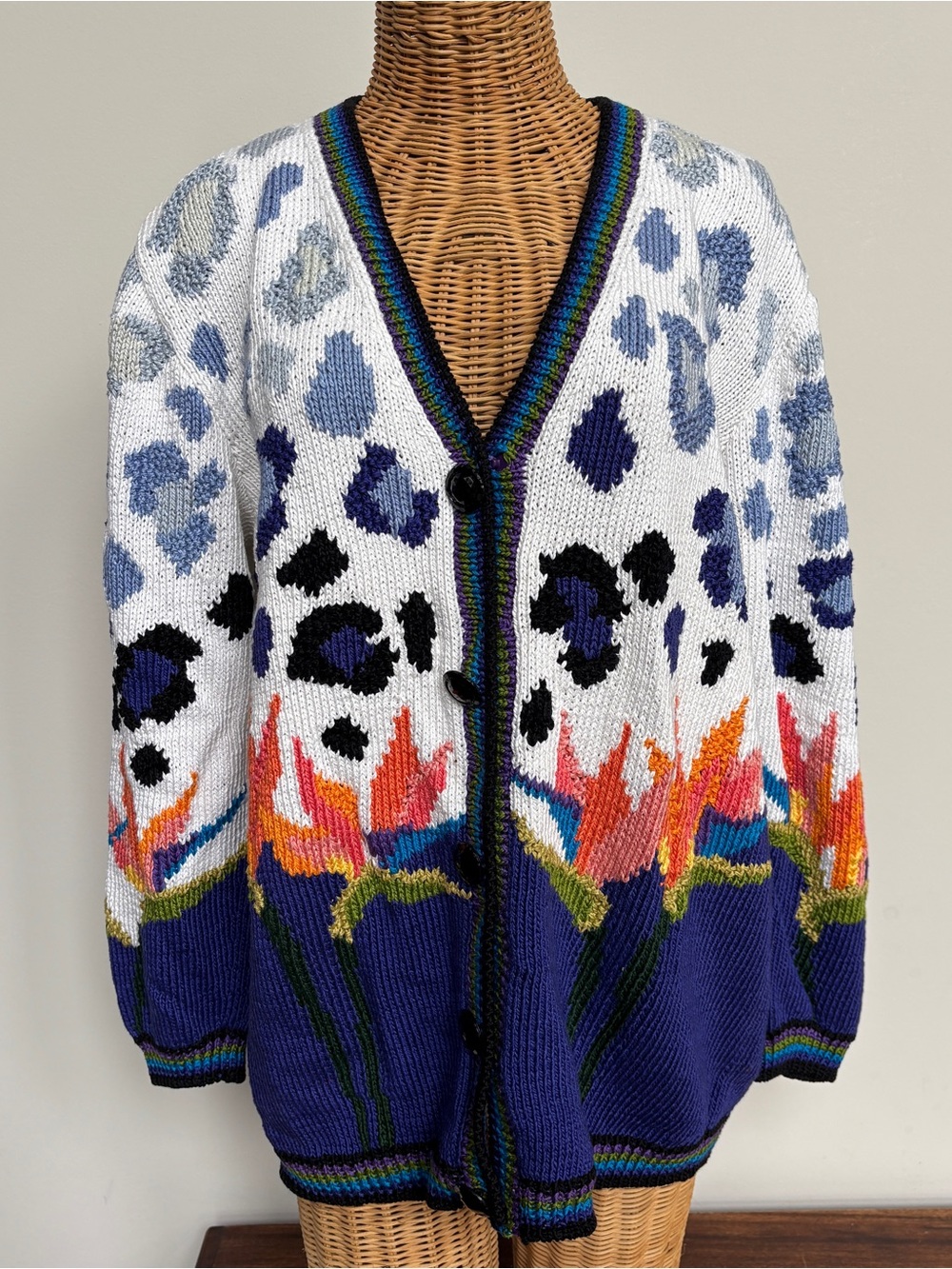 Vintage Knit Cardigan Sweater Womens M Tropical Floral Leopard Colorful Maximal